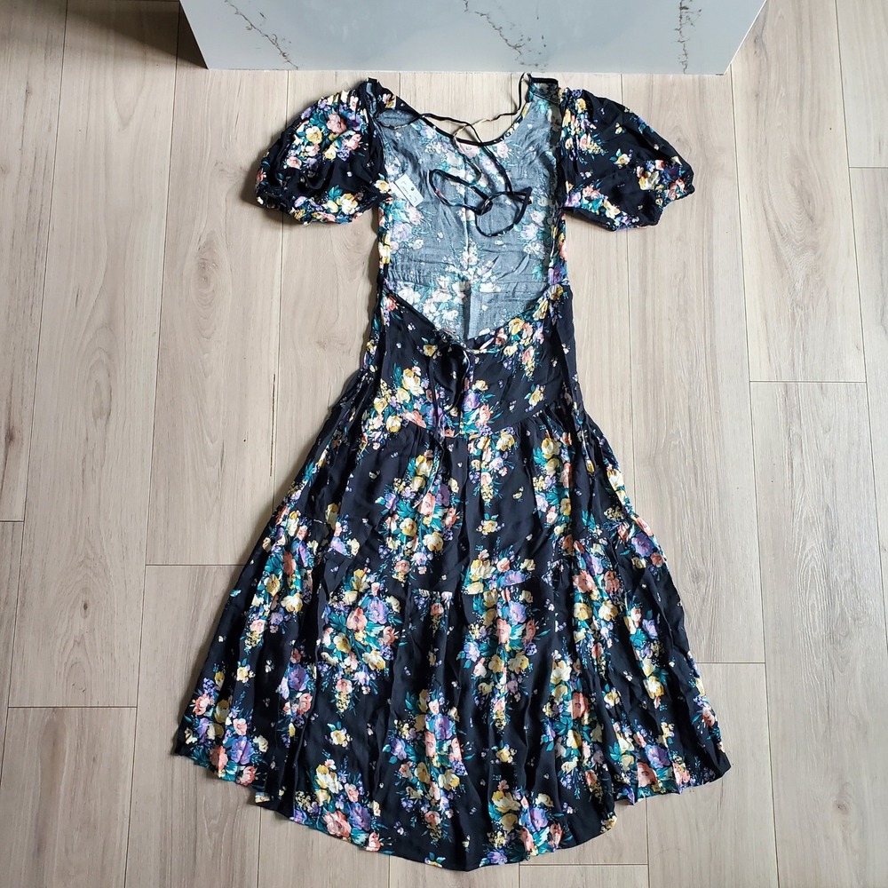 ONeill Dress Womens XS Black Floral Midi Open Back Tiered Puff Sleeve Boho